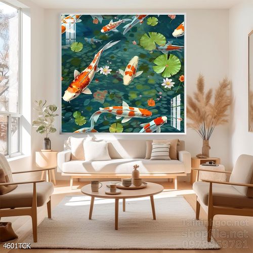 Mẫu tranh decor tường cá chép hoa sen 