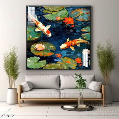 Mẫu tranh decor tường cá chép hoa sen 