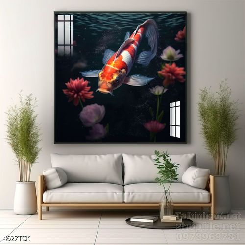 Mẫu tranh decor tường cá chép hoa sen 