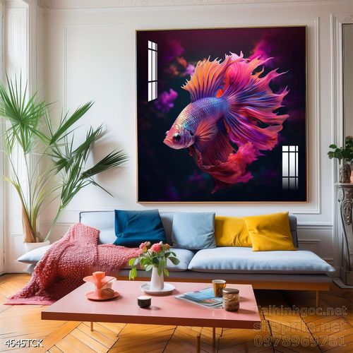 Mẫu tranh decor tường cá chép hoa sen 