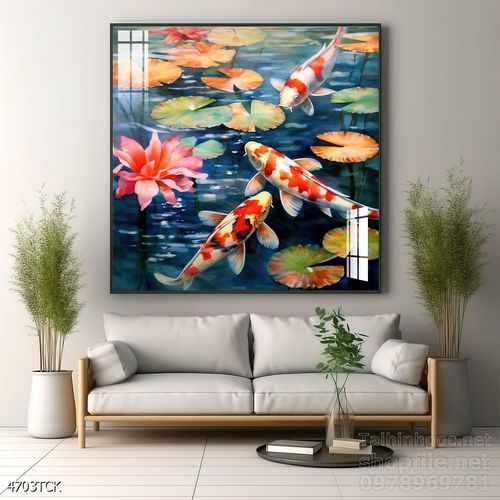Tranh decor tường phòng khách cá chép hoa sen
