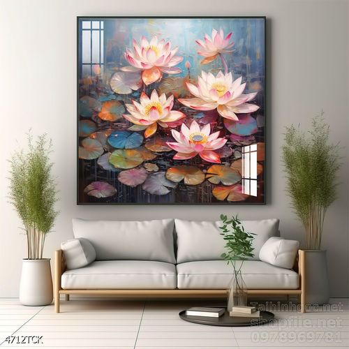 Tranh decor tường phòng khách cá chép hoa sen