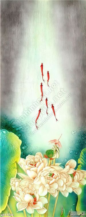 Tranh hoa sen, cá chép giả ngọc phong thủy