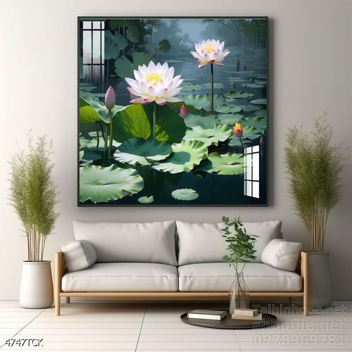 Tranh decor tường phòng khách cá chép hoa sen