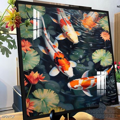 Mẫu tranh decor tường cá chép hoa sen 