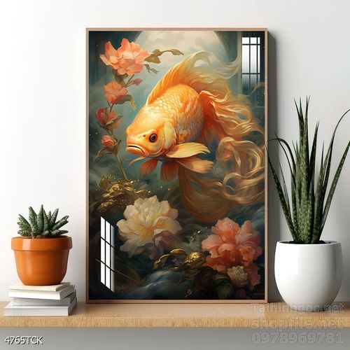 Tranh decor tường phòng khách cá chép hoa sen