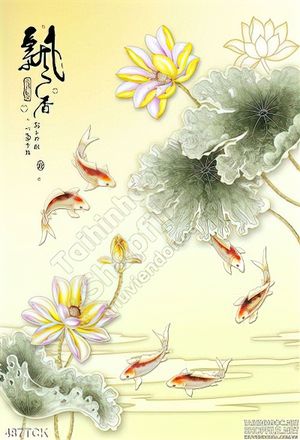Tranh hoa sen, cá chép thư pháp nghệ thuật