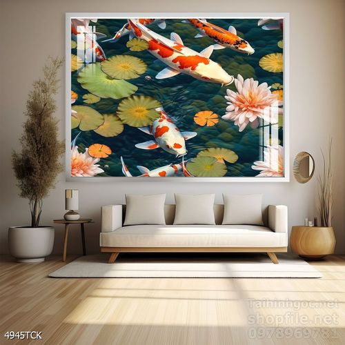 Mẫu tranh decor tường cá chép hoa sen 