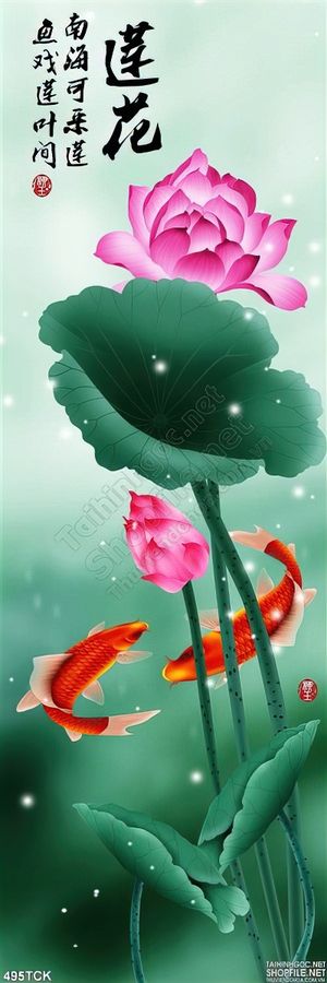 Tranh hoa sen, cá chép thư pháp treo tường