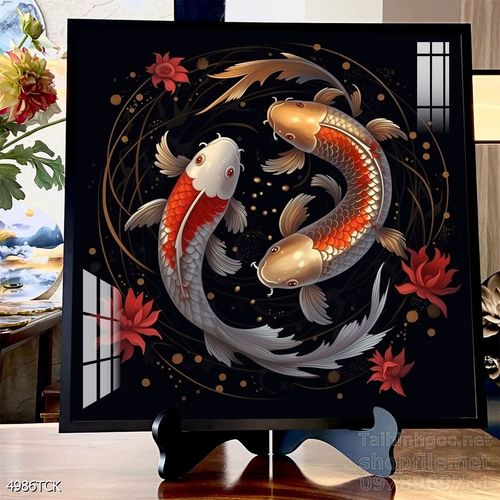 Tranh decor tường phòng khách cá chép hoa sen