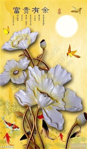 Tranh hoa sen, cá chép kim tiền thư pháp