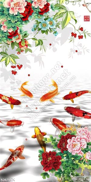 Tranh hoa sen, cá chép quần tụ và mẫu đơn