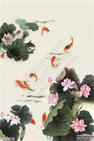 Tranh hoa sen, cá chép thư pháp đẹp
