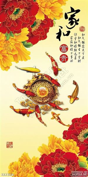 Tranh hoa sen, cá chép quần tụ và mẫu đơn