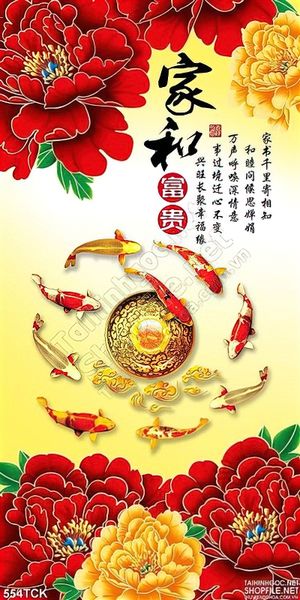 Tranh hoa sen, cá chép quần tụ và mẫu đơn