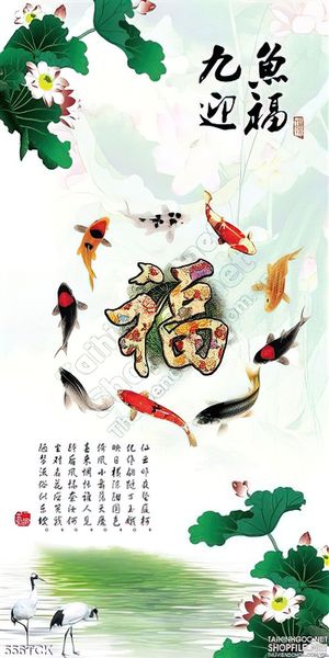 Tranh hoa sen, cá chép tư pháp đẹp