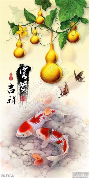 Tranh hoa sen, cá chép thư pháp kim tiền