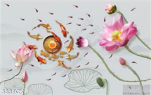 Tranh cá chép quy tụ bên đóa hoa sen in uv psd