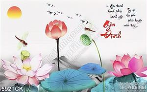 Tranh hoa sen vẽ chữ thư pháp nghệ thuật 3d