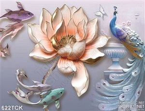 Tranh phù điều hoa mẫu đơn và chim công nghệ thuật 3d