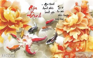 Tranh cá chép gia đình và bông hoa mẫu đơn giả ngọc