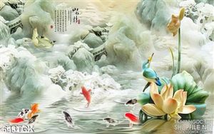 Tranh cá chép và bức họa giả ngọc cảnh ngôi chùa 3d ấn tượng