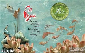Tranh cá chép cội nguồn 3d hồ nước xanh