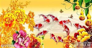 Tranh đàn cá chép bên quả bầu đẹp 3d