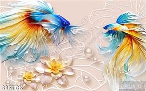 Tranh con cá đá  và bông hoa sen trắng ấn tượng