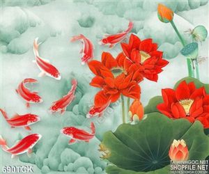Tranh cá chép đỏ và hoa sen đỏ