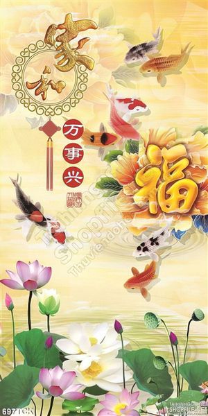 Tranh cá chép khổ dọc và hoa sen