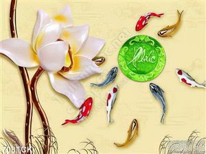 Tranh cá chép giả ngọc 3d và hoa sen đẹp 3d