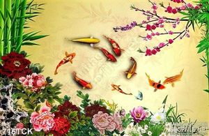 Tranh in uv cá chép và hoa mẫu đơn