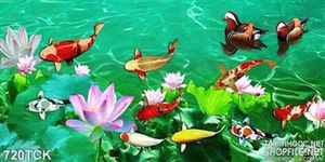 Tranh ao sen và đàn cá chép phong thủy 3d