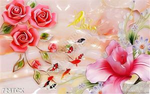 Tranh wall giả ngọc hoa sen cá chép in 3d