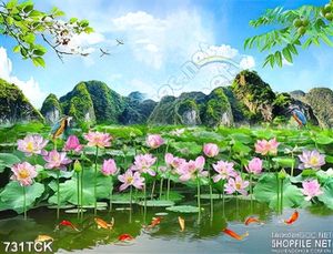 Tranh in uv đầm sen cá chép phong thủy