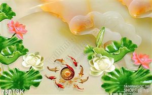 Tranh uv giả ngọc hoa sen và cá chép quần tụ