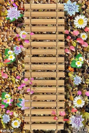 Tranh cái cầu bằng tre và những bông hoa sen đẹp 3d