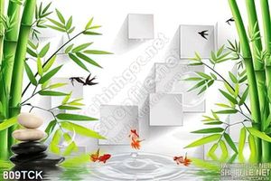 Tranh 3d in uv cá vàng và cây tre đẹp