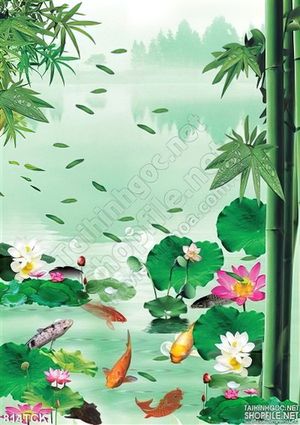 Tranh khổ dọc cá chép 3d và cây tre