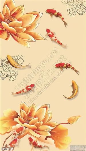 Tranh khổ dọc cá chép 3d và hoa 3d