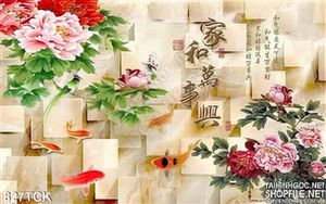 Tranh 3d hoa mẫu đơn cá chép wall in uv