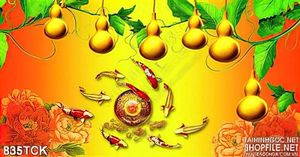 Tranh cá chép koi quần tụ và quả bí vàng
