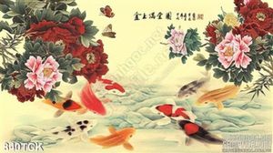 Tranh vẽ hoa mẫu đơn và cá koi