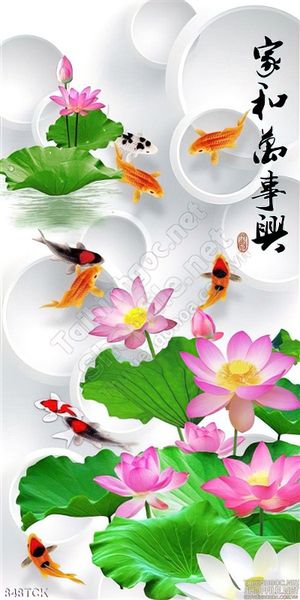 Tranh 3d khổ dọc hoa sen cá chép uv