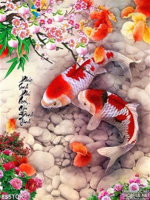 Tranh cá chép yêu thương đẹp in 3d