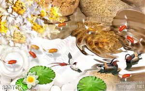Tranh hồ nước cá chép koi và vịt trời