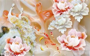 Tranh wall 3d giả ngọc công và hoa mẫu đơn