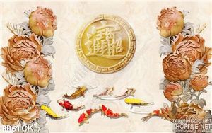 Tranh hoa điêu khắc gỗ và cá koi bơi lội