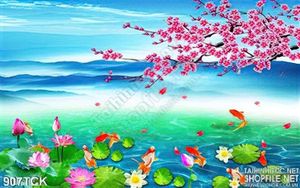 Tranh hồ sen và cá chép, cây đào psd in uv